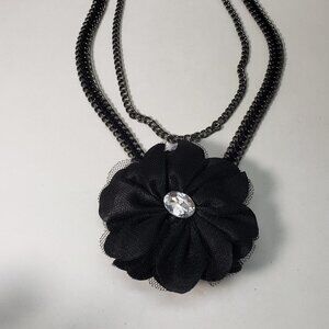 Polished Layered of Black Metal Crystal & Black Flower Design Brooch Necklace